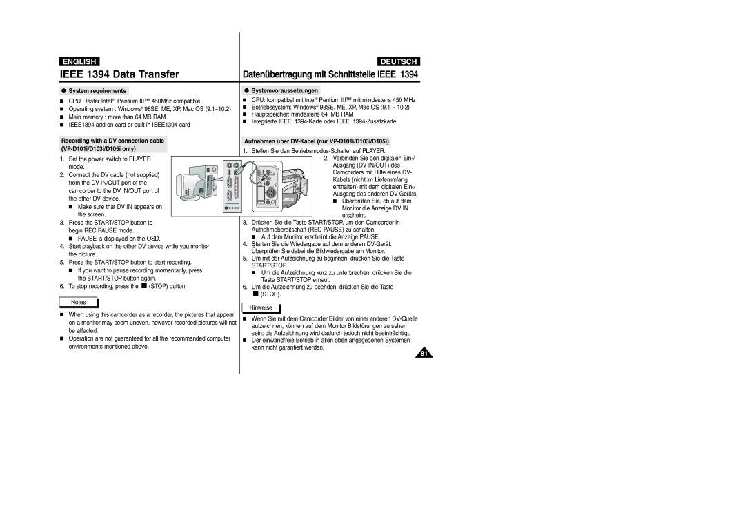 Samsung VP-D105i manual System requirements, Systemvoraussetzungen 