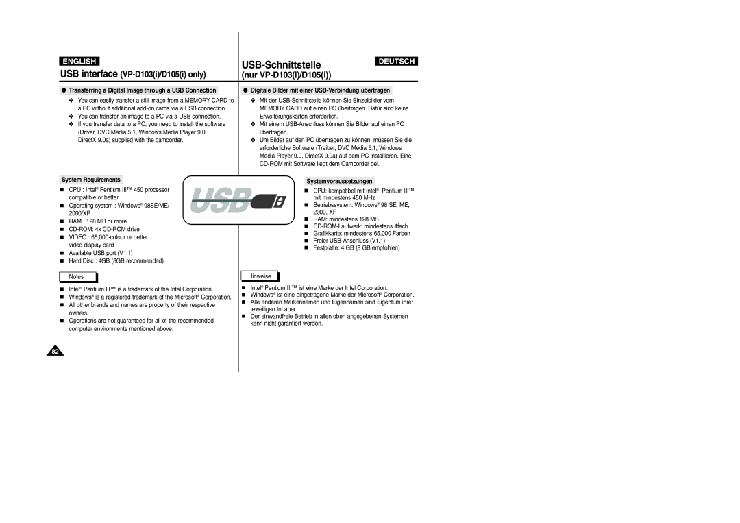 Samsung VP-D105i manual Mit der USB-Schnittstelle können Sie Einzelbilder vom, CD-ROM mit Software liegt dem Camcorder bei 