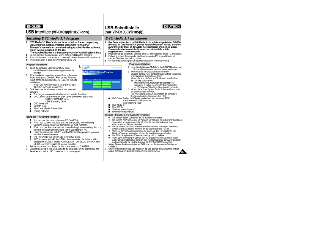 Samsung VP-D105i manual USB-Schnittstelle, Installing DVC Media 5.1 Program, DVC Media 5.1 installieren 