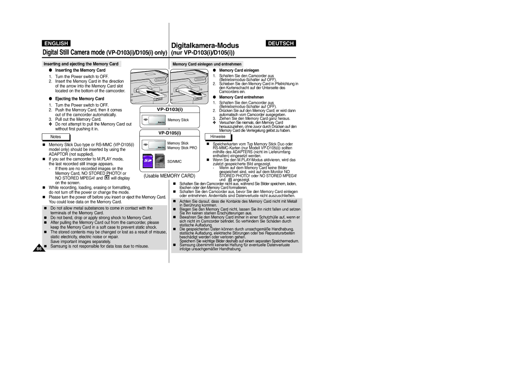 Samsung VP-D105i manual Inserting and ejecting the Memory Card, Inserting the Memory Card, Ejecting the Memory Card 