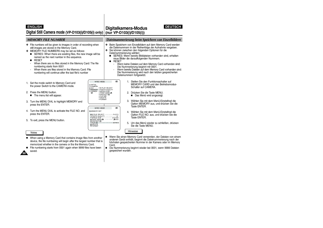 Samsung VP-D105i Dateinummerierung beim Speichern von Einzelbildern, Memory File Numbers may be set as follows, Reset 