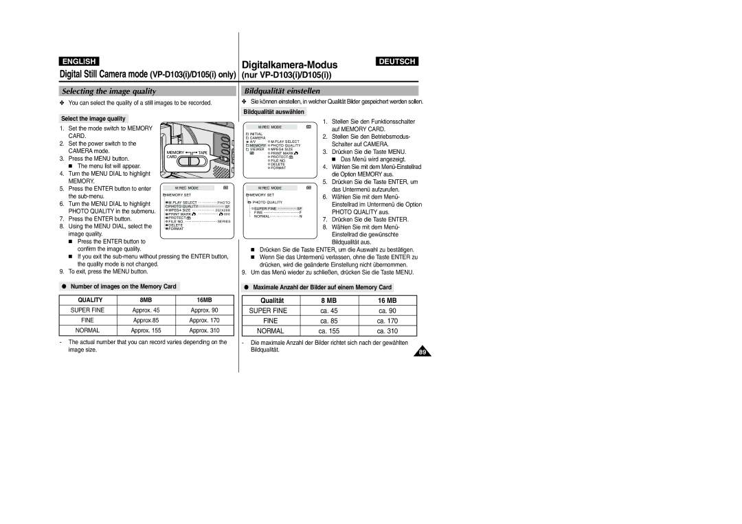 Samsung VP-D105i manual Selecting the image quality, Bildqualität einstellen, Quality 8MB 