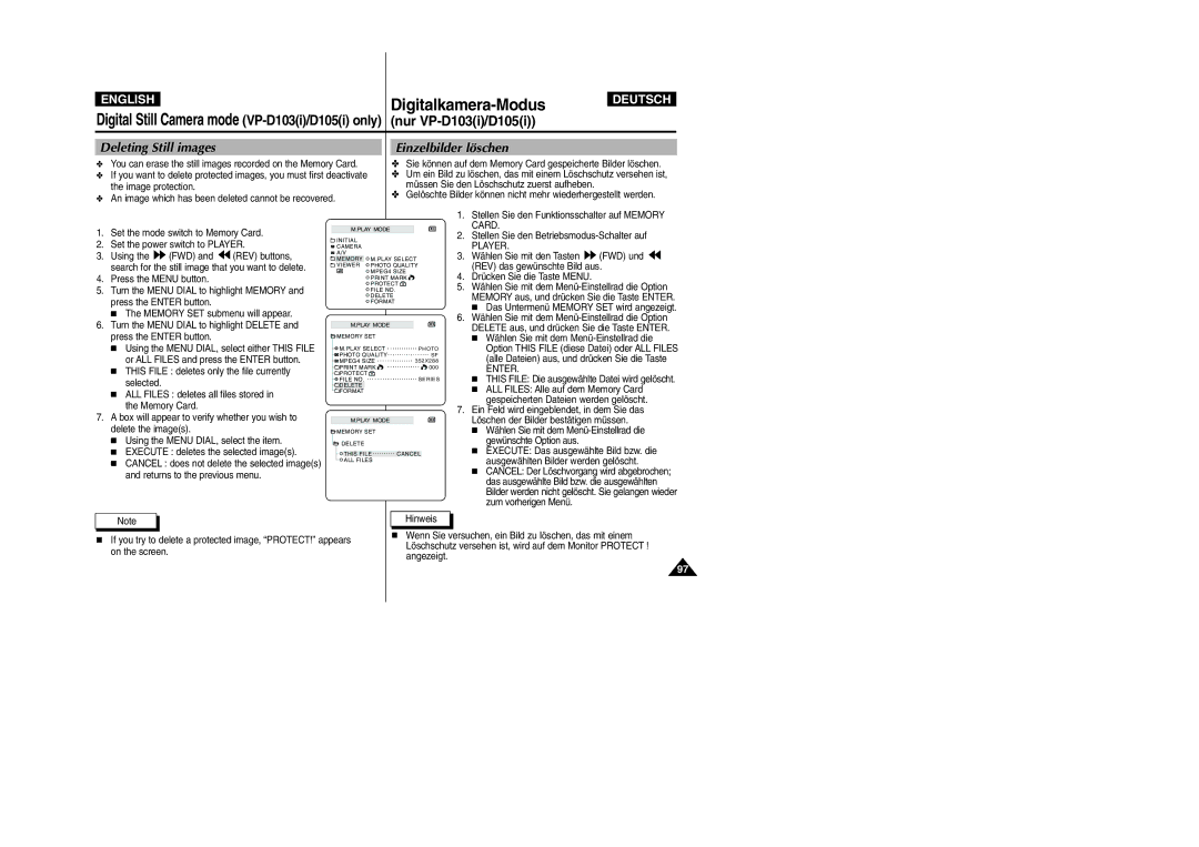 Samsung VP-D105i manual Deleting Still images, Einzelbilder löschen 