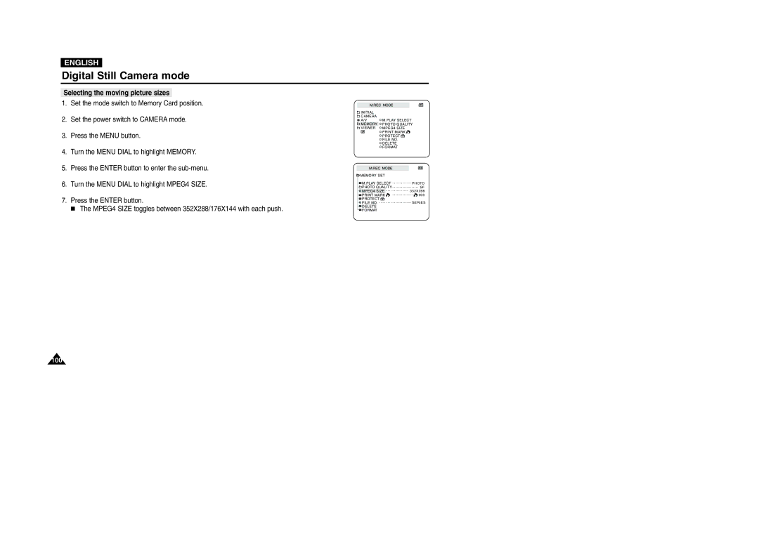 Samsung VP-D107I manual Selecting the moving picture sizes 