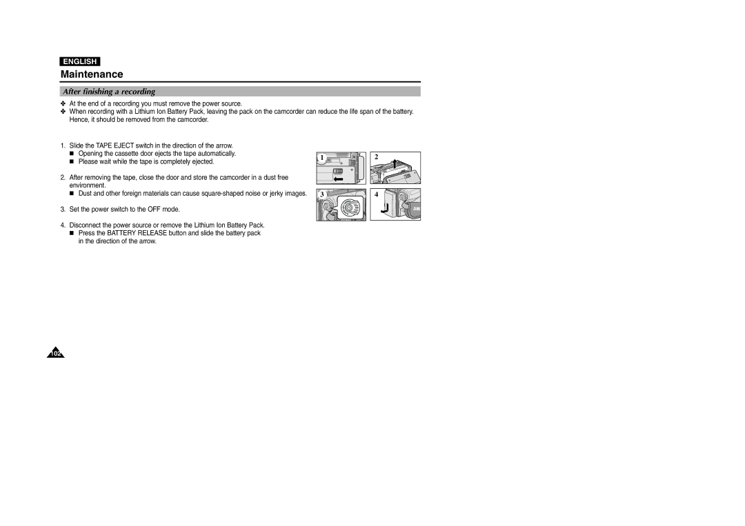 Samsung VP-D107I manual Maintenance, After finishing a recording 