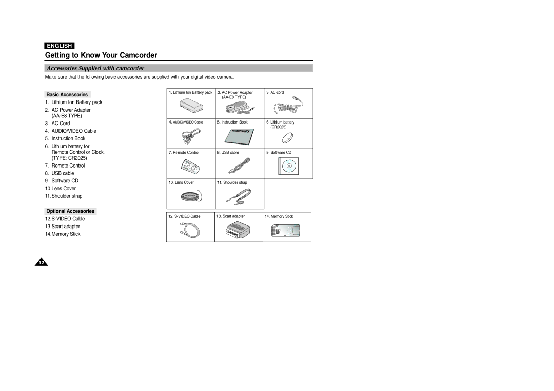 Samsung VP-D107I manual Accessories Supplied with camcorder, Basic Accessories, Optional Accessories 