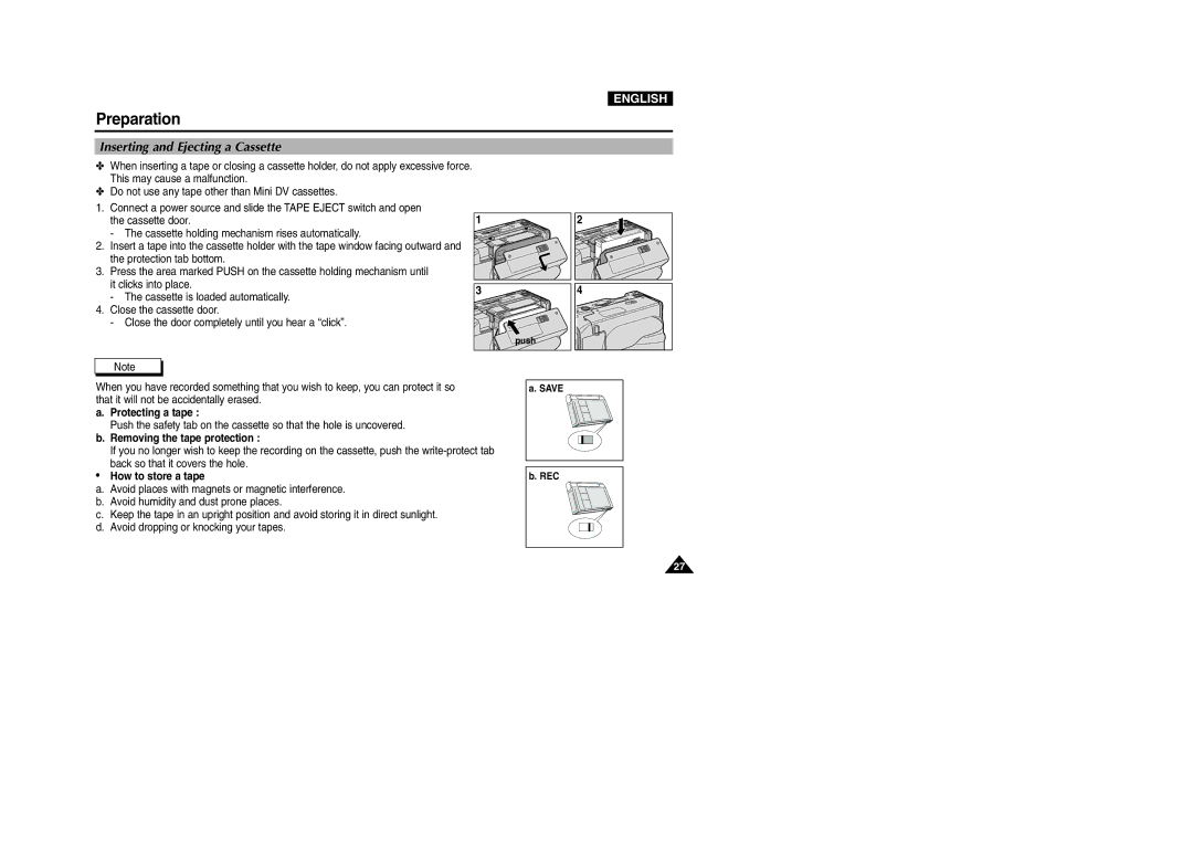Samsung VP-D107 Inserting and Ejecting a Cassette, Protecting a tape, Removing the tape protection, How to store a tape 