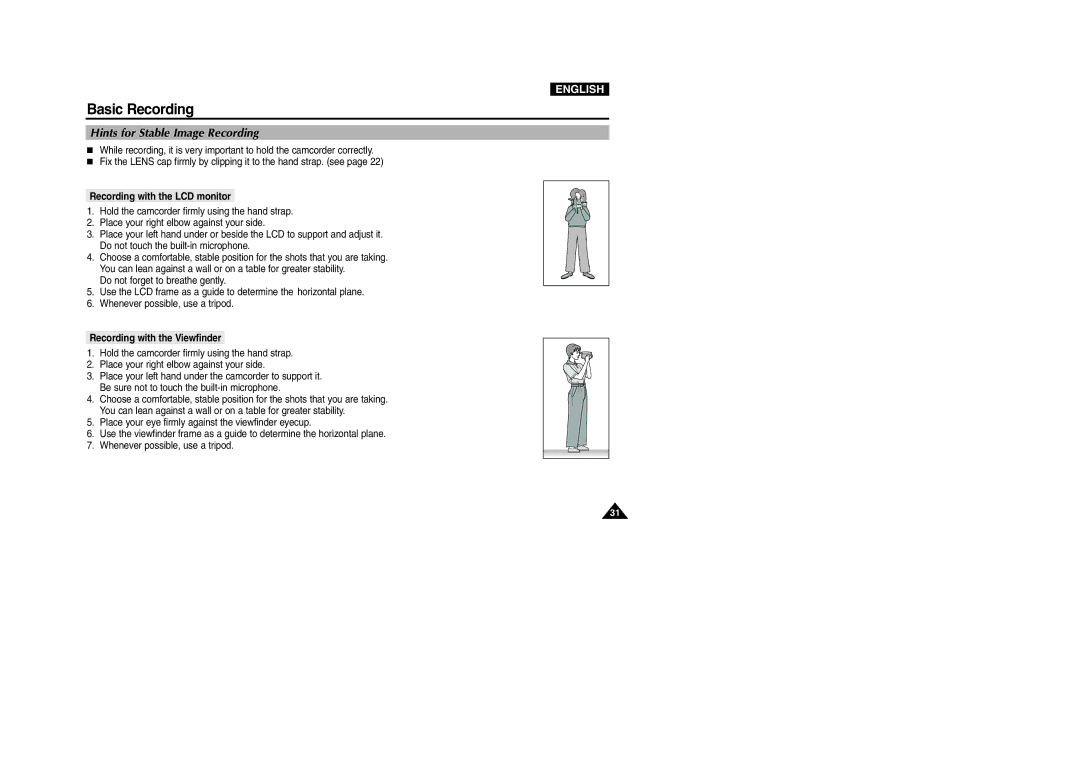 Samsung VP-D107I manual Hints for Stable Image Recording, Recording with the LCD monitor, Recording with the Viewfinder 