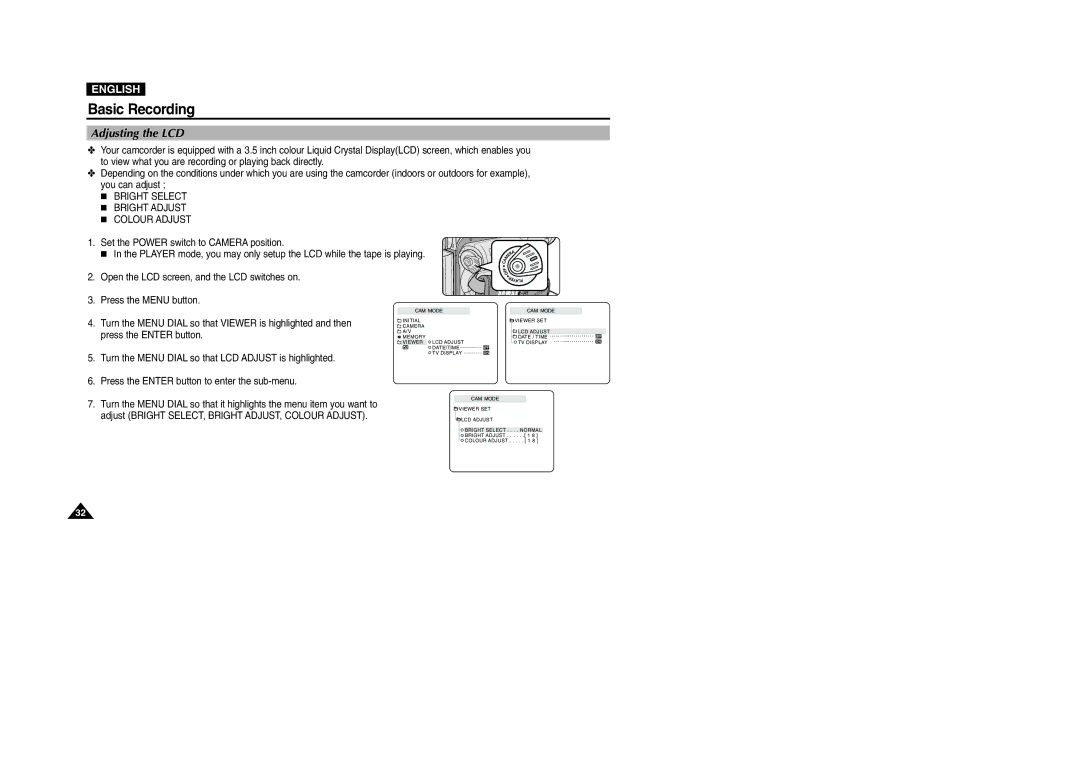 Samsung VP-D107I manual Adjusting the LCD, Bright Select Bright Adjust Colour Adjust 