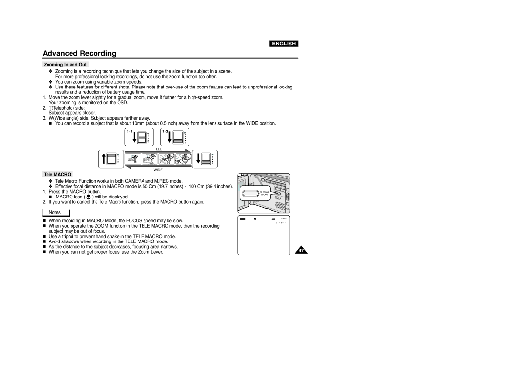 Samsung VP-D107I manual Zooming In and Out, Tele Macro 