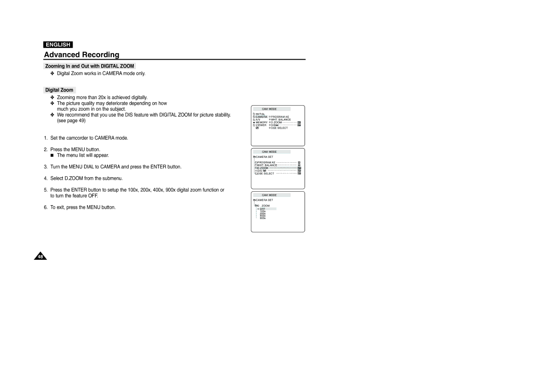 Samsung VP-D107I manual Zooming In and Out with Digital Zoom 