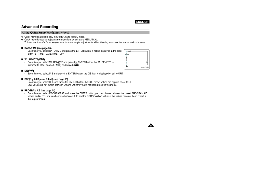 Samsung VP-D107I manual Using Quick MenuNavigation Menu, Wl.Remote 