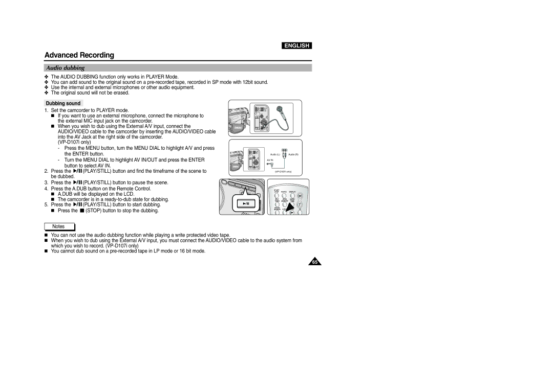 Samsung VP-D107I manual Audio dubbing, Dubbing sound 