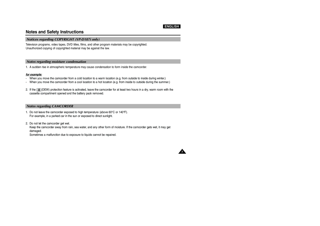 Samsung VP-D107I manual For example 