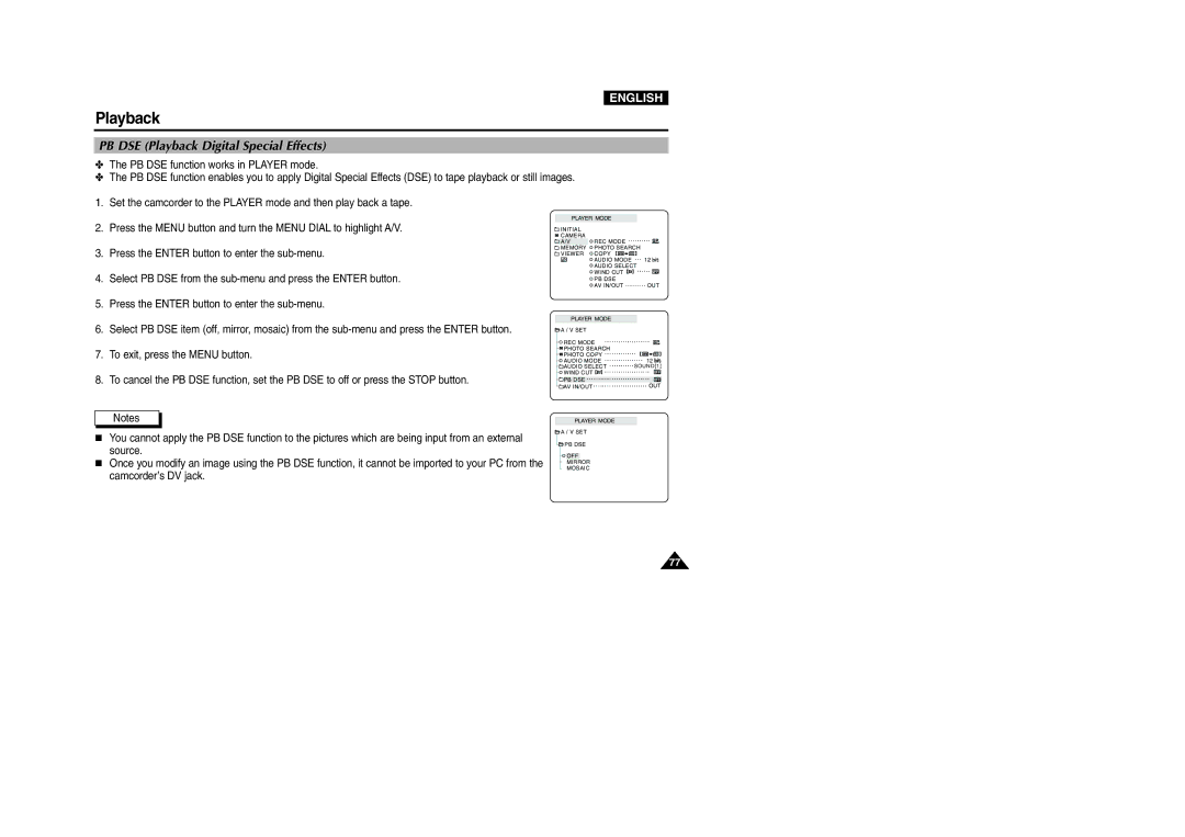 Samsung VP-D107I manual PB DSE Playback Digital Special Effects 