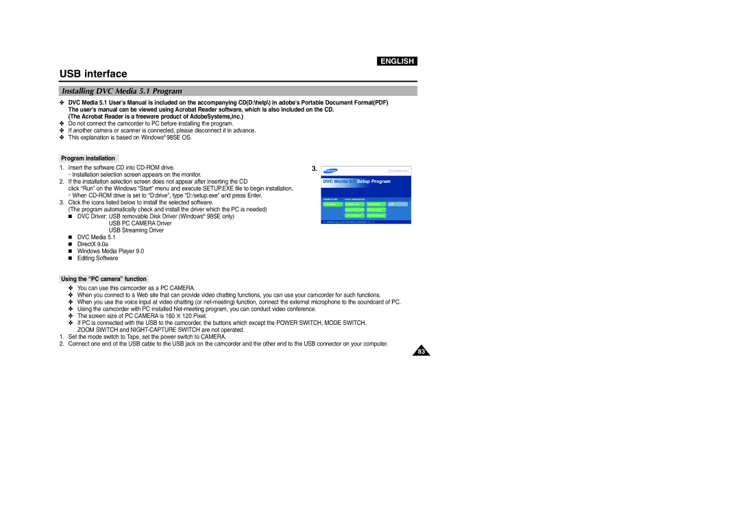 Samsung VP-D107I manual Installing DVC Media 5.1 Program, Acrobat Reader is a freeware product of AdobeSystems,Inc 