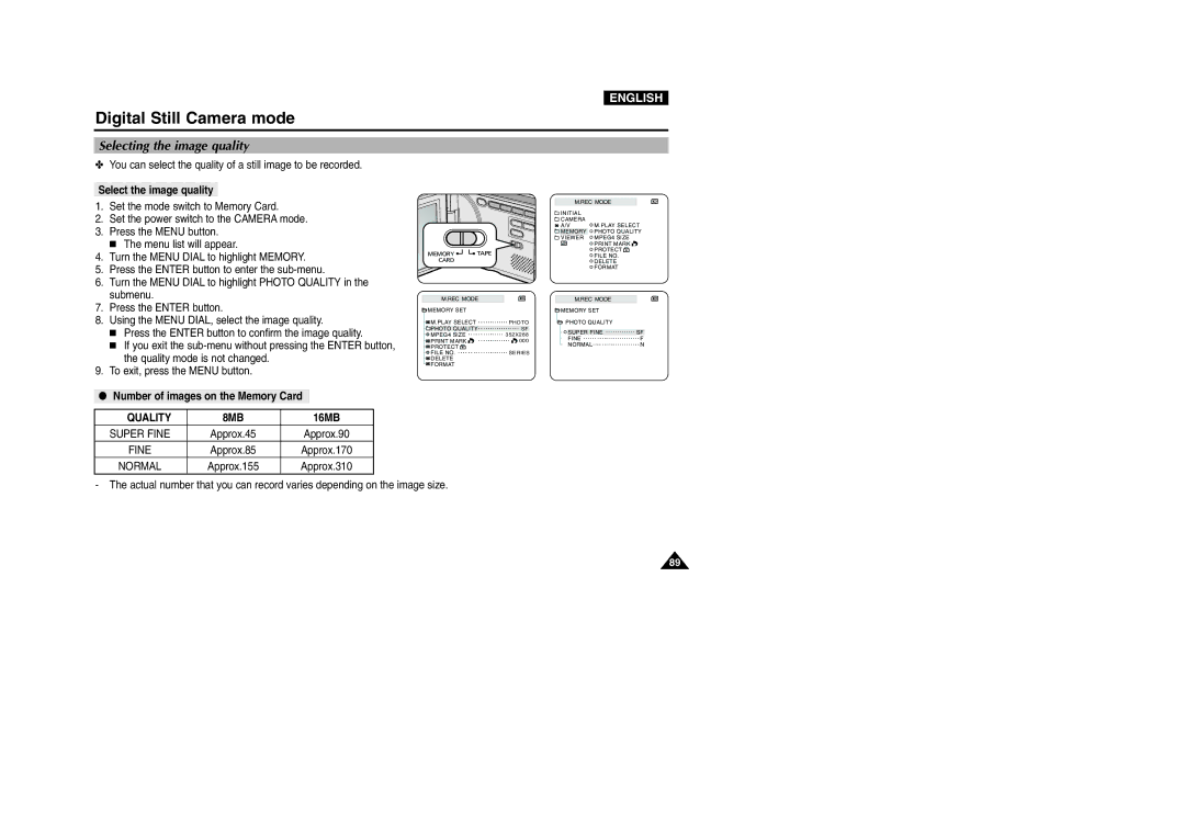 Samsung VP-D107 manual Selecting the image quality, Select the image quality, Number of images on the Memory Card, Quality 