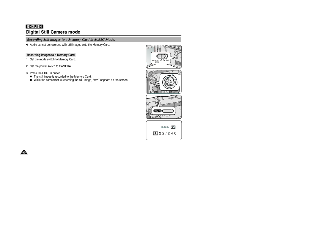 Samsung VP-D107I manual Recording Still images to a Memory Card in M.REC Mode, Recording images to a Memory Card 