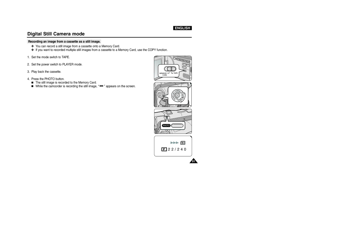 Samsung VP-D107I manual Recording an image from a cassette as a still image 