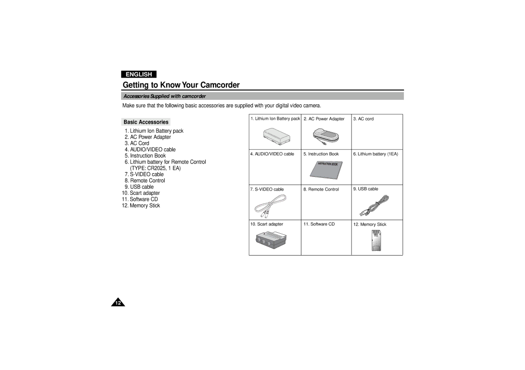 Samsung VP-D190MSI manual Accessories Supplied with camcorder, Basic Accessories 