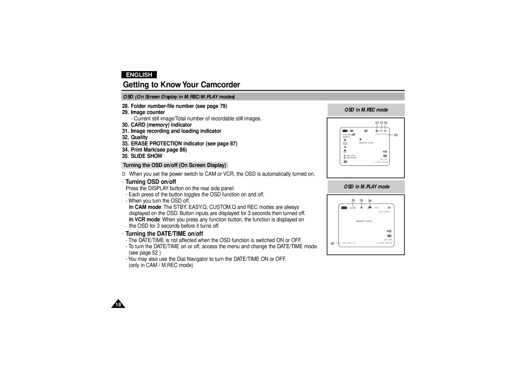 Samsung VP-D190MS OSD On Screen Display in M.REC/M.PLAY modes, Folder number-file number see Image counter, Slide Show 