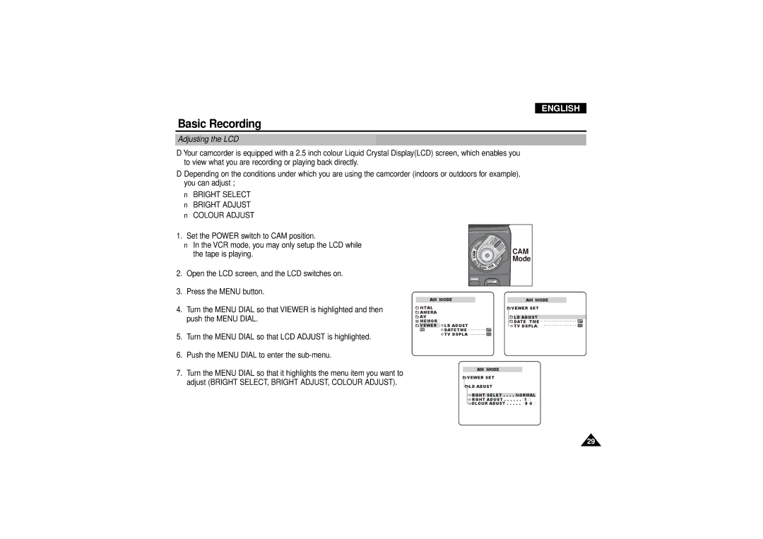 Samsung VP-D190MSI manual Adjusting the LCD, Bright Select Bright Adjust Colour Adjust 