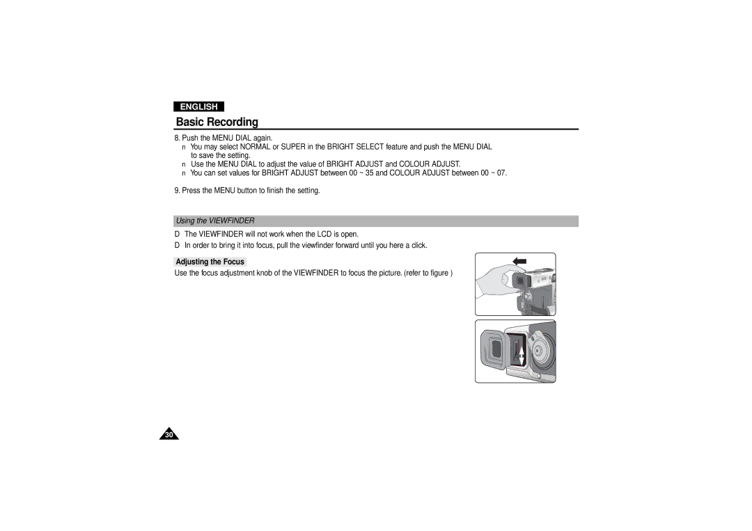 Samsung VP-D190MSI manual Using the Viewfinder, Adjusting the Focus 