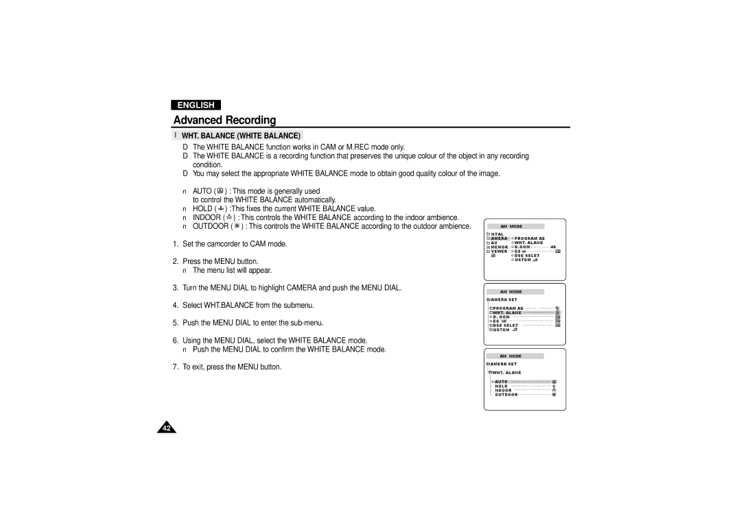 Samsung VP-D190MSI manual WHT. Balance White Balance 