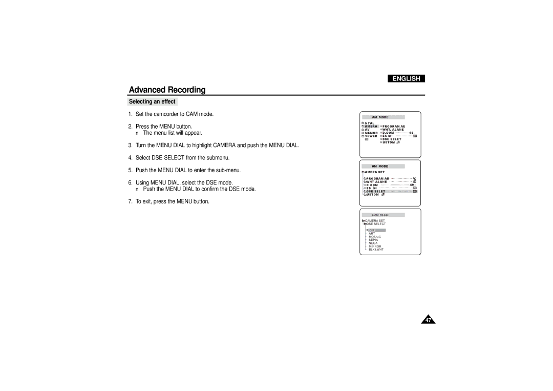 Samsung VP-D190MSI manual Selecting an effect 