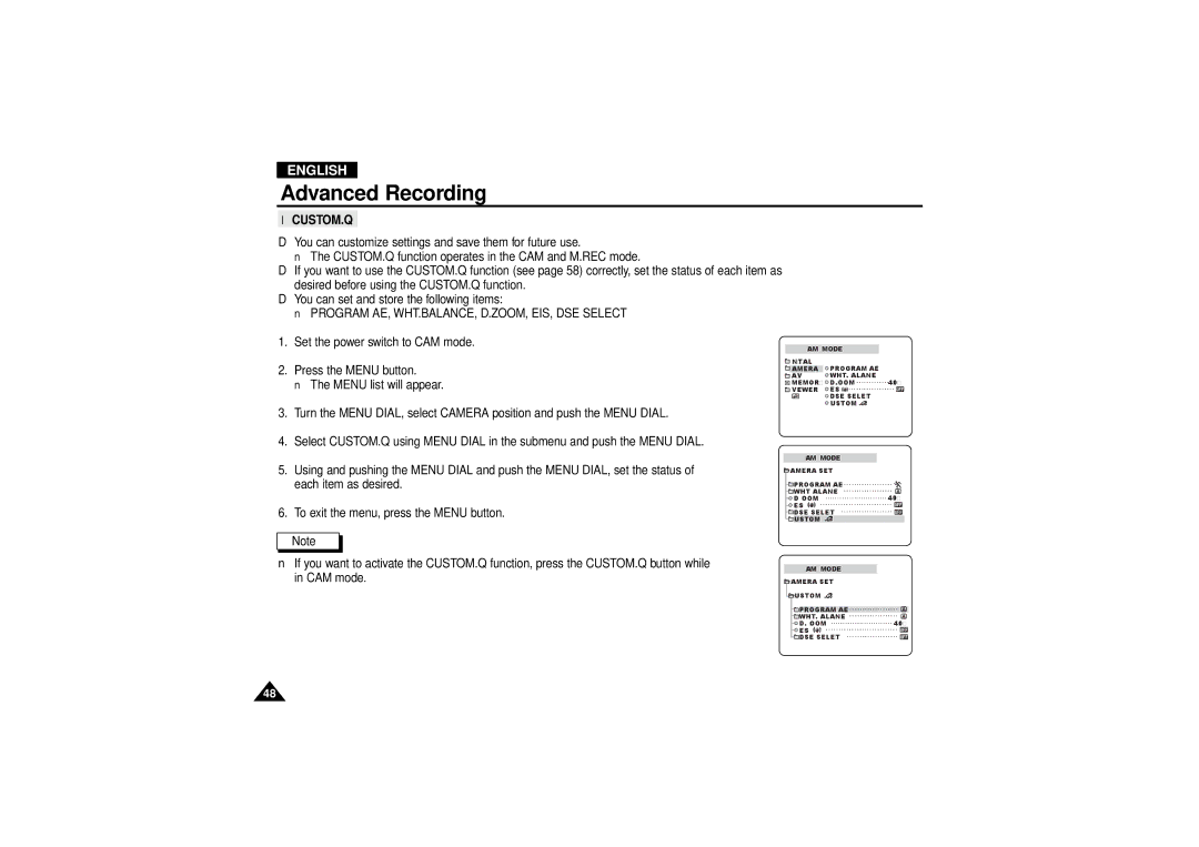 Samsung VP-D190MSI manual Advanced Recording, Custom.Q 