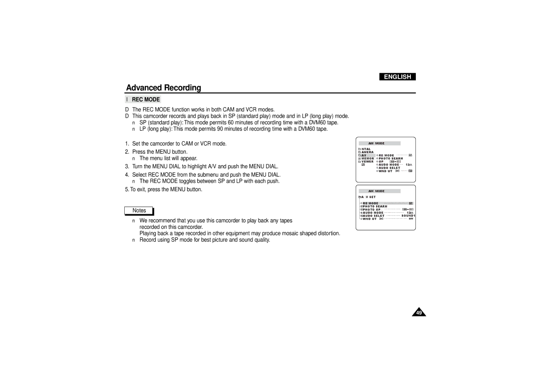 Samsung VP-D190MSI manual REC Mode 