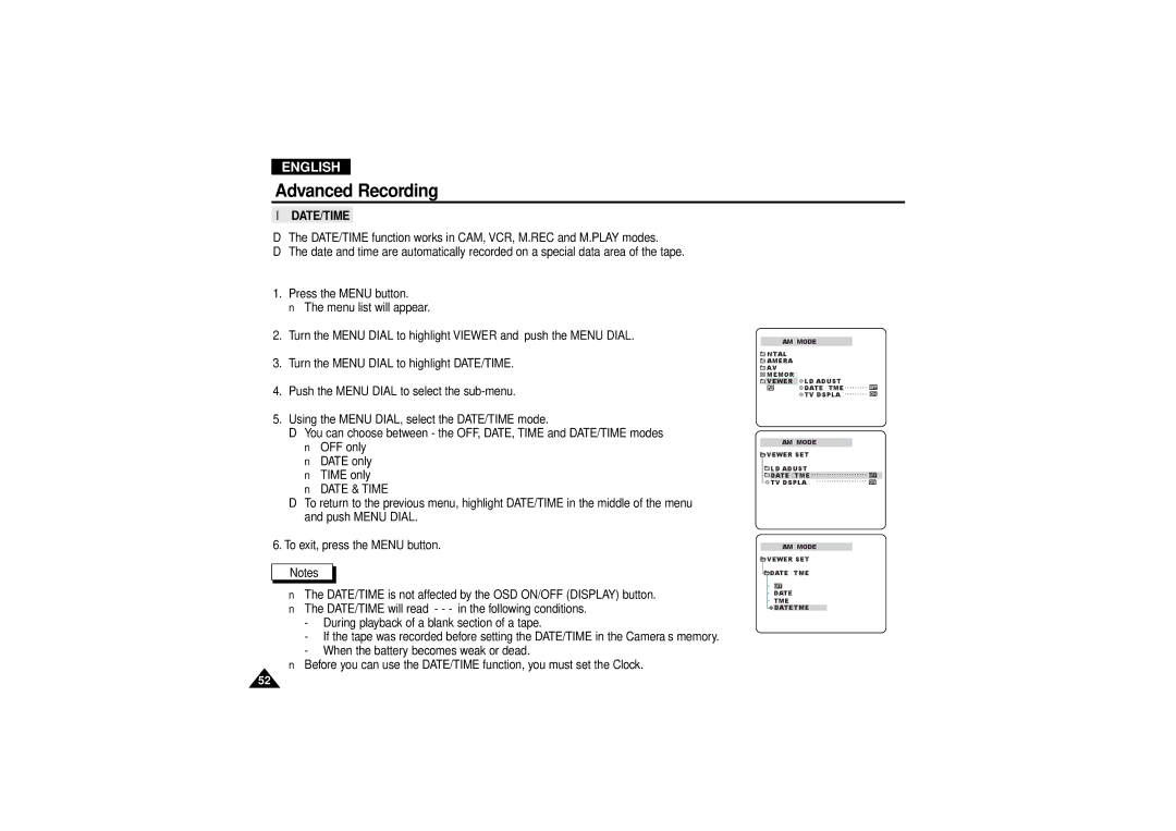 Samsung VP-D190MSI manual Date/Time, Date & Time 