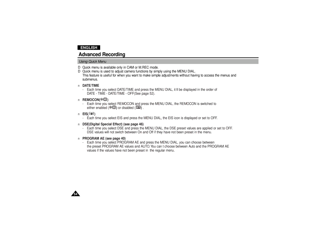 Samsung VP-D190MSI manual Using Quick Menu, Eis, DSEDigital Special Effect see 