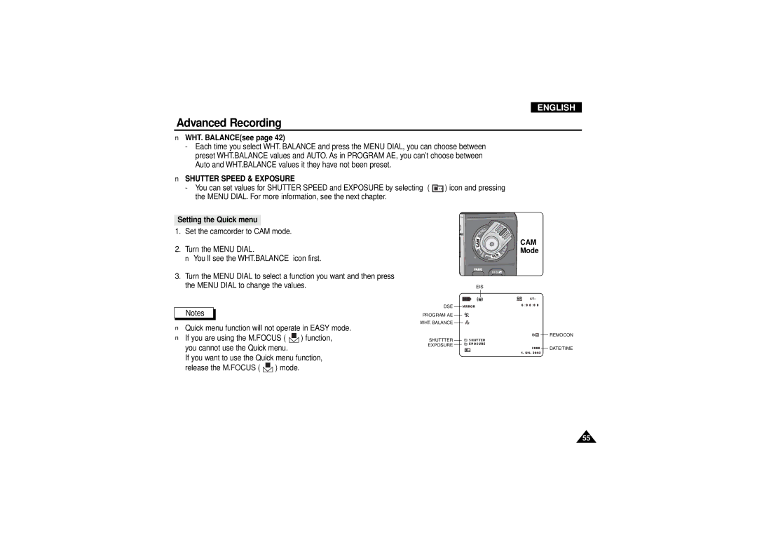 Samsung VP-D190MSI manual WHT. BALANCEsee, Shutter Speed & Exposure, Setting the Quick menu 