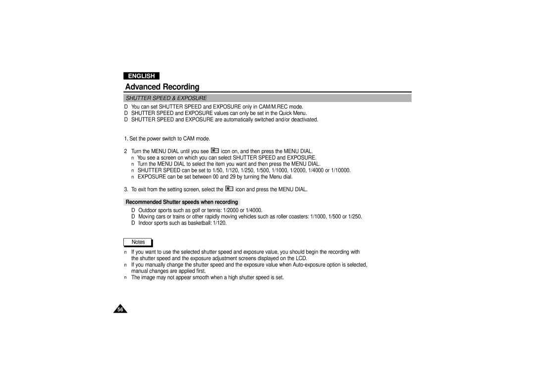 Samsung VP-D190MSI manual Shutter Speed & Exposure, Recommended Shutter speeds when recording 