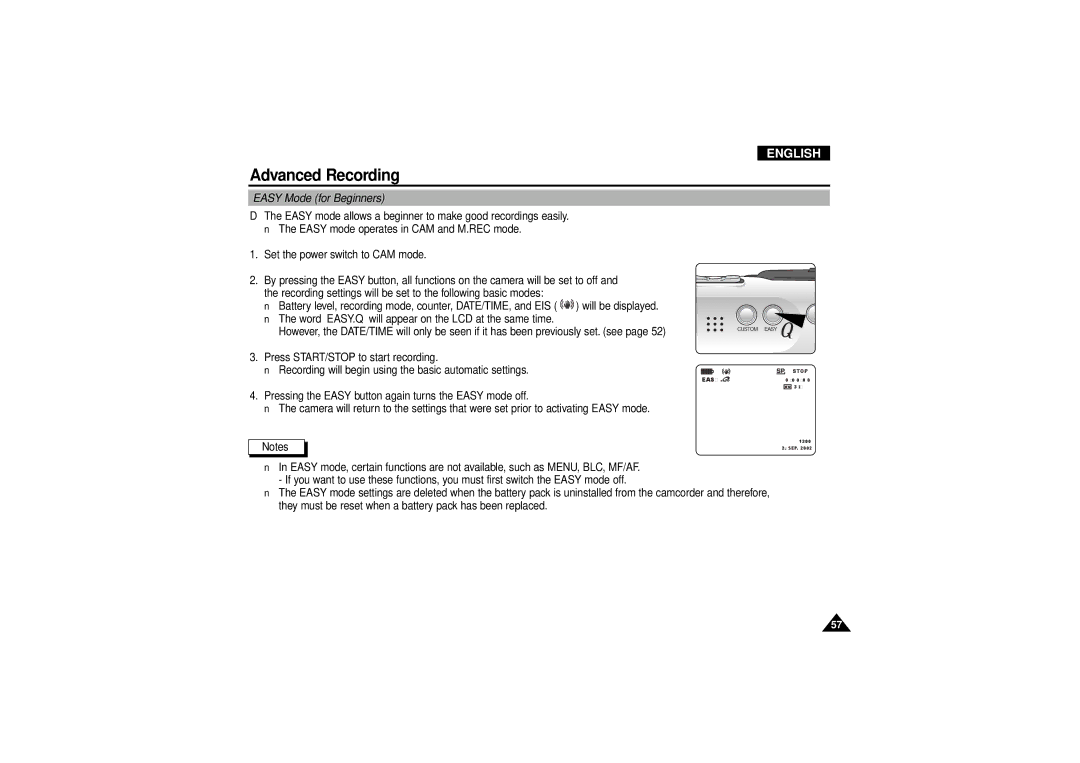 Samsung VP-D190MSI manual Easy Mode for Beginners 