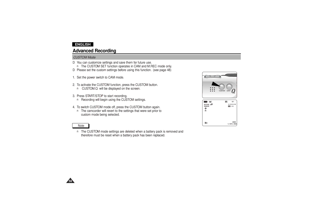 Samsung VP-D190MSI manual Custom Mode 