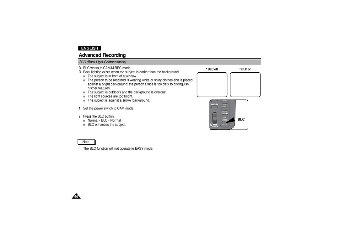 Samsung VP-D190MSI manual BLC Back Light Compensation 