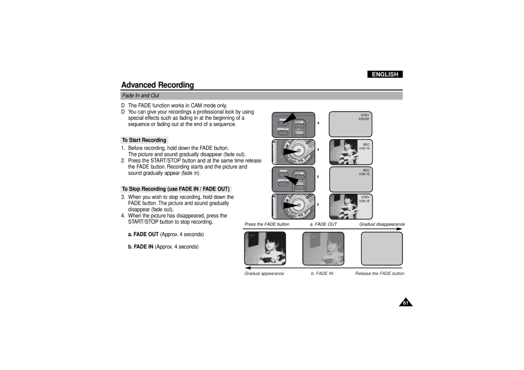 Samsung VP-D190MSI manual Fade In and Out, To Start Recording, To Stop Recording use Fade in / Fade OUT 