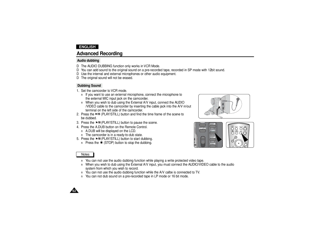 Samsung VP-D190MSI manual Audio dubbing, Dubbing Sound 