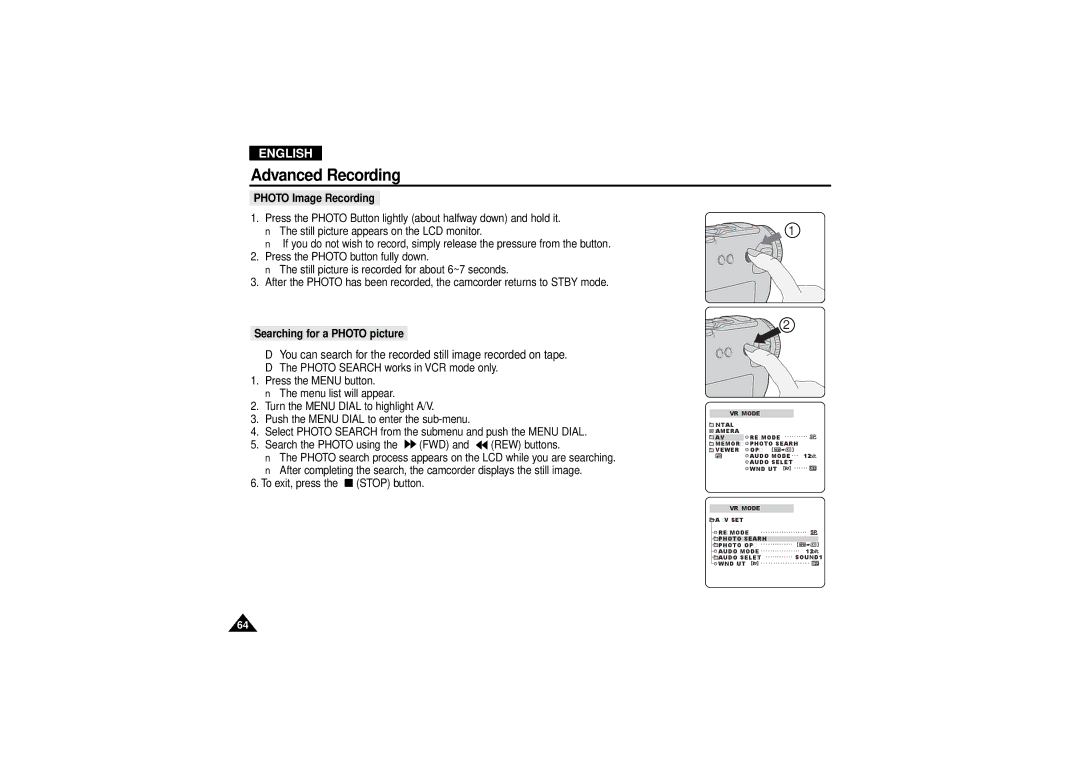 Samsung VP-D190MSI manual Photo Image Recording, Searching for a Photo picture 