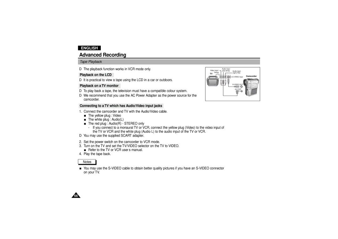 Samsung VP-D190MSI manual Tape Playback, Playback on the LCD, Playback on a TV monitor 