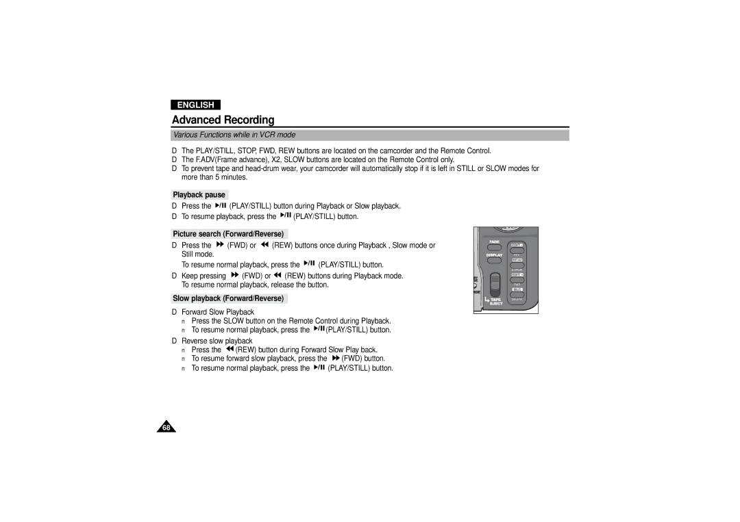 Samsung VP-D190MSI manual Various Functions while in VCR mode, Playback pause, Picture search Forward/Reverse 