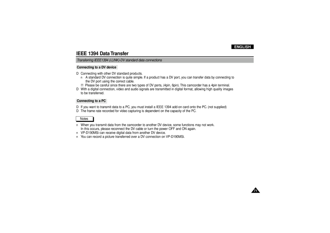 Samsung VP-D190MSI Ieee 1394 Data Transfer, Transferring IEEE1394 i.LINK-DV standard data connections, Connecting to a PC 