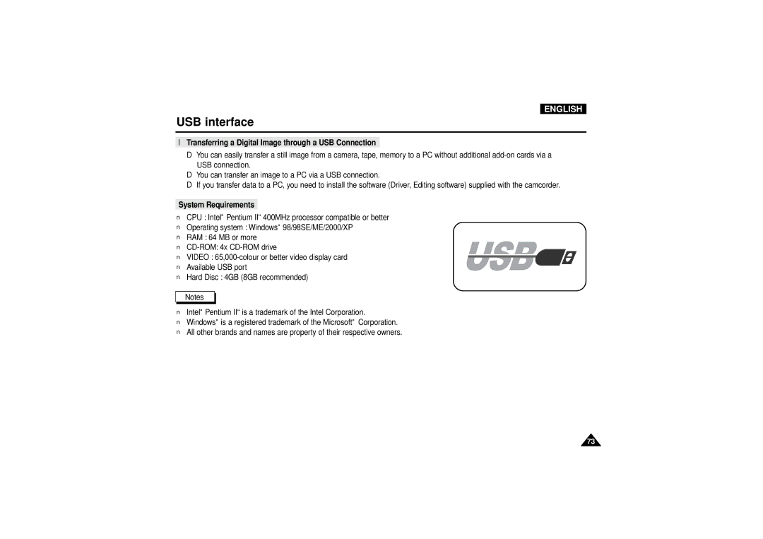 Samsung VP-D190MSI manual USB interface, Transferring a Digital Image through a USB Connection 