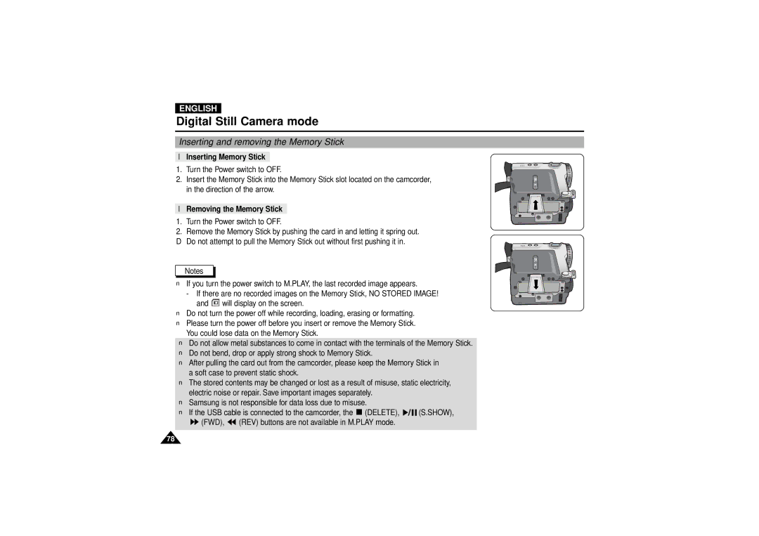 Samsung VP-D190MSI manual Inserting and removing the Memory Stick, Inserting Memory Stick, Removing the Memory Stick 