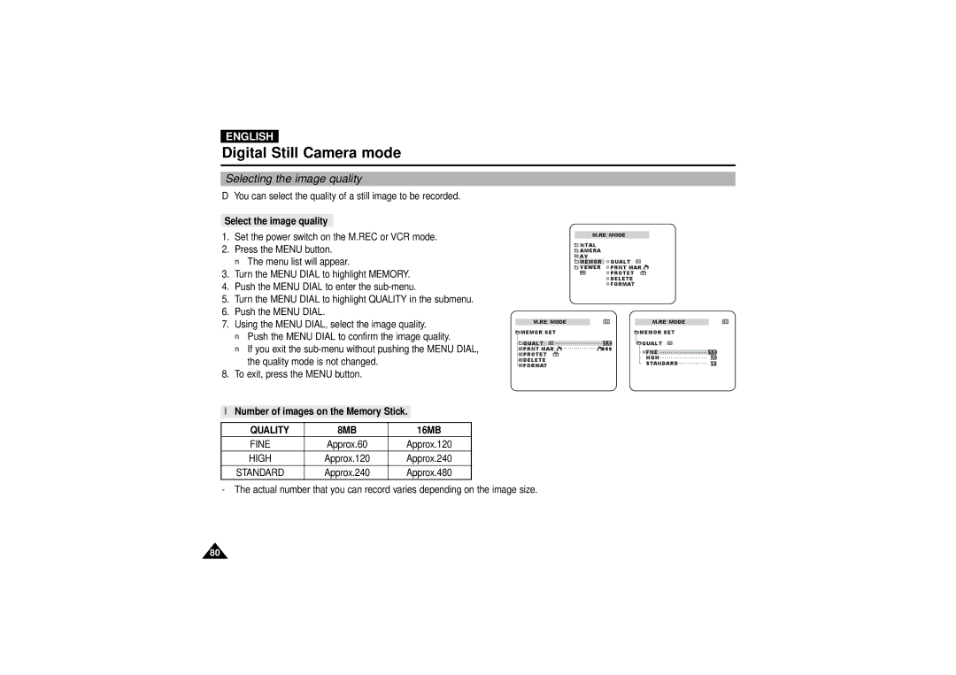 Samsung VP-D190MS Selecting the image quality, Select the image quality, Number of images on the Memory Stick, Quality 8MB 