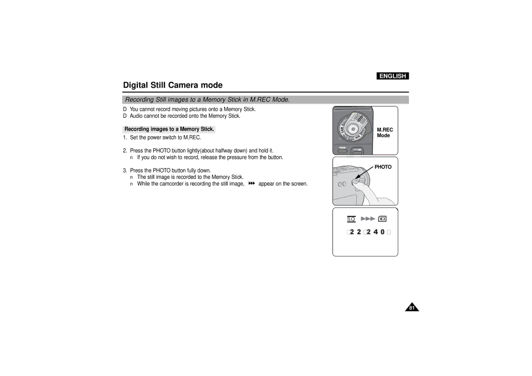 Samsung VP-D190MSI manual Recording Still images to a Memory Stick in M.REC Mode, Recording images to a Memory Stick 