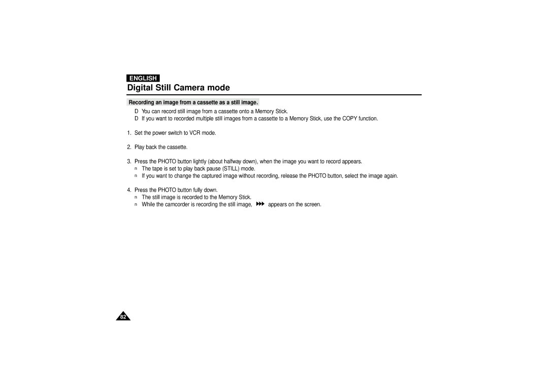 Samsung VP-D190MSI manual Recording an image from a cassette as a still image 