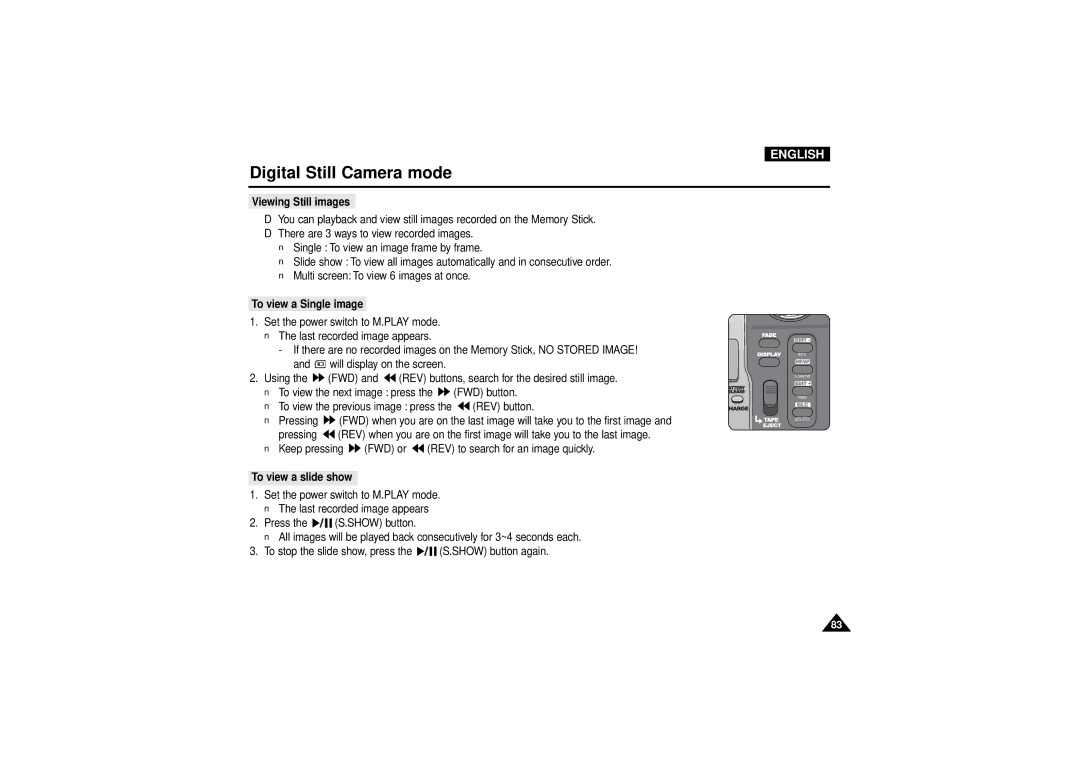 Samsung VP-D190MSI manual Viewing Still images, To view a Single image, To view a slide show 